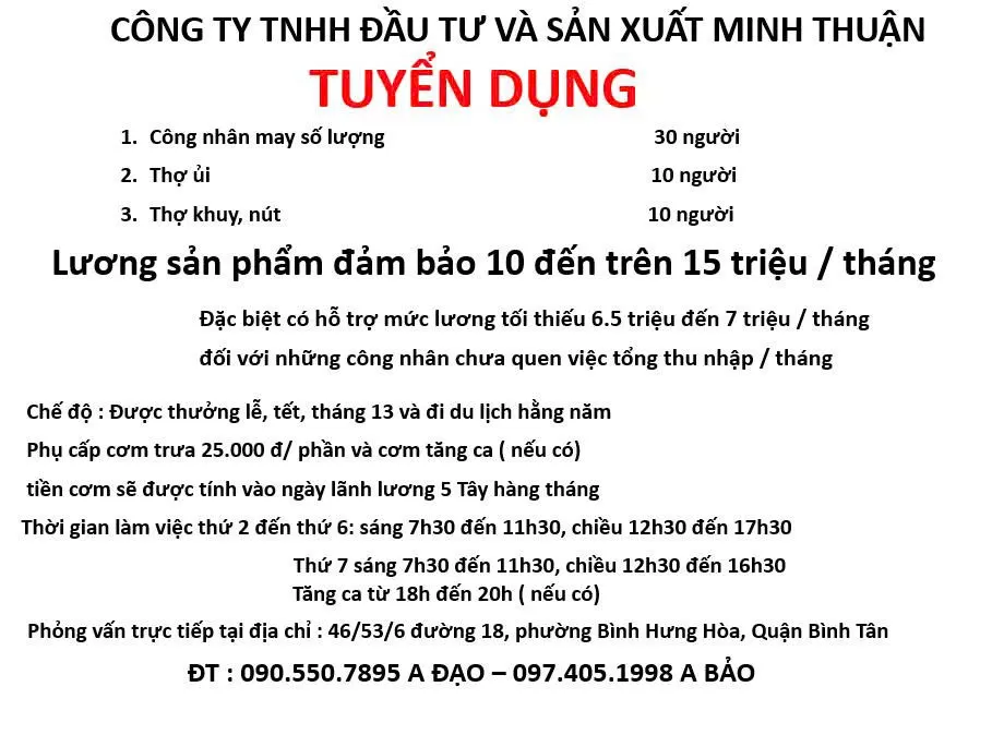 Tuyển Thợ may, ủi, khuy nút